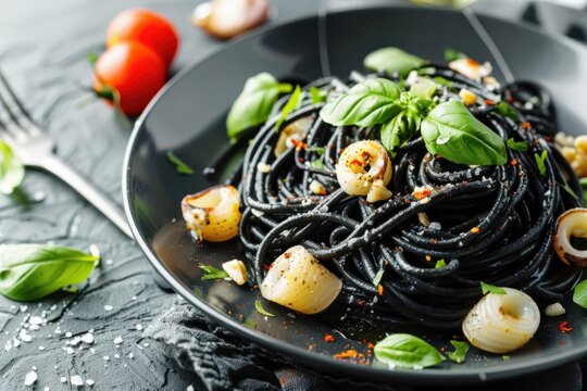 Savoring the rich flavors of spaghetti al nero di seppia with seafood and herbs