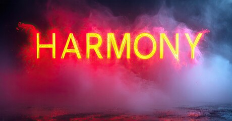 Bright neon text spells harmony against vibrant pink, blue smoke. Dramatic lighting creates intense visual impact. Bold typography dominates composition.