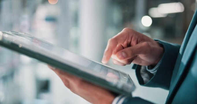 Typing, hands and business man on tablet for financial report, online results and stock market news. Professional, corporate and person on digital tech for finance review, stocks update and website