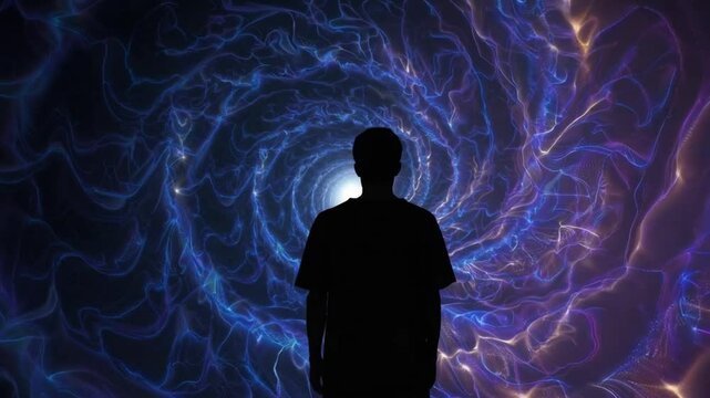 Figure stares into the infinite void, regret etched across their face. A slow dissolve into abstract entropy—evoking loss, introspection, and the drift into nothingness