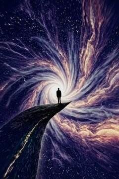 Figure stares into the infinite void, regret etched across their face. A slow dissolve into abstract entropy&mdash;evoking loss, introspection, and the drift into nothingness