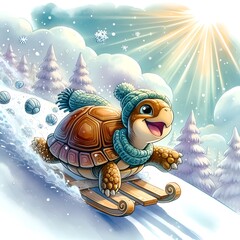 Joyful turtle sledding down a snowy hill, playful mood, sunny winter day, winter fun
