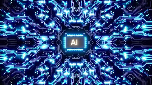 AI chip embedded on digital board. Microchip layout defines processor structure. Circuit pathways control network activity. Electronics technology depends on microchip and processor systems.
