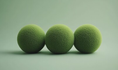 On the right side of the image, a light gray background provides a contrasting setting for a collection of moss balls in assorted green and white hues