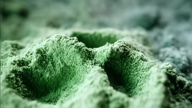 Abstract macro shot shows pile of small green granules, close up view with blurry background, grainy texture and dim light.