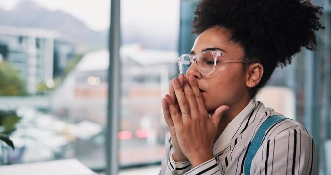 Biting nails, stress and thinking with business woman in office for crisis, fail or mistake. Concern, nerves and worry with African employee reading information on computer for feedback or review