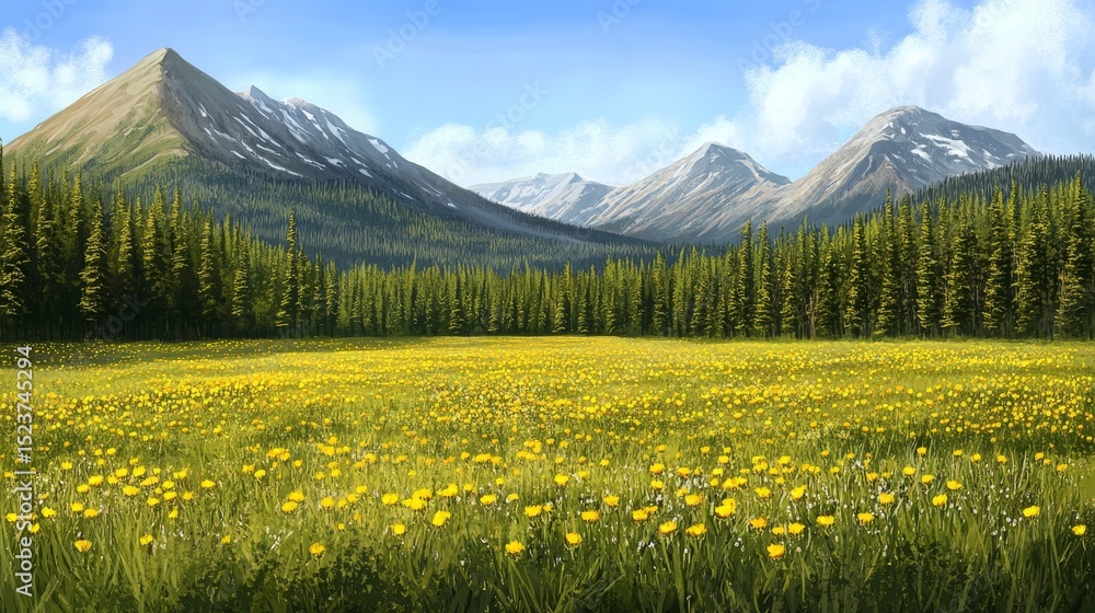 Poster dandelions basking in sunlight are nestled in a clearing surrounded by trees and fluffy clouds