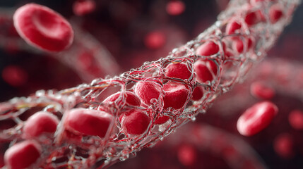 A detailed view of red blood cells trapped within a fibrous network in a microscopic environment.