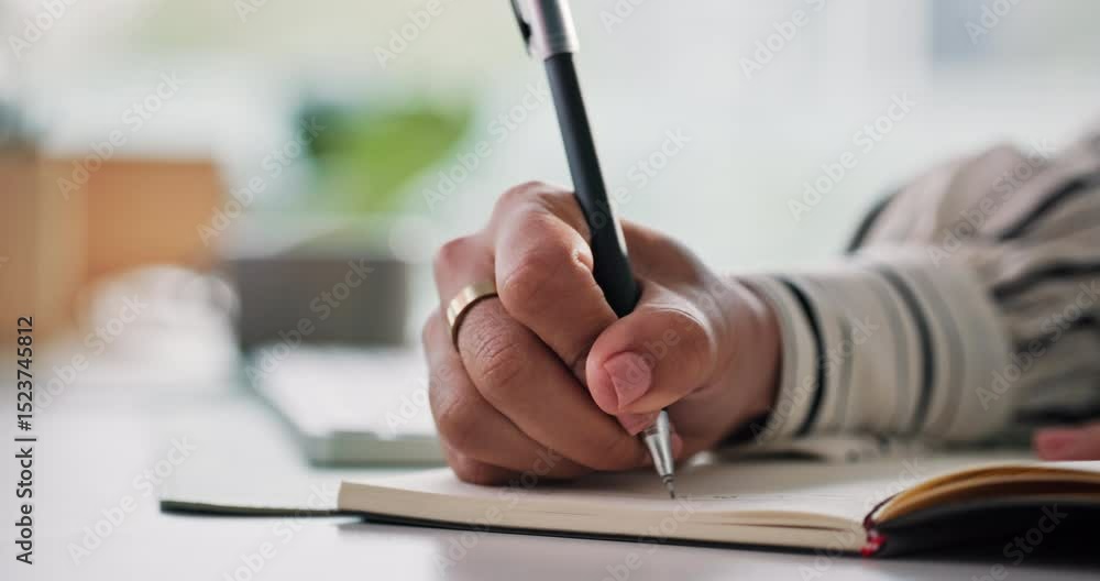 Poster writing, journal and hands of business woman in office for schedule, planning and reminder. to do li