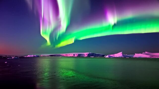 Aurora borealis over icebergs