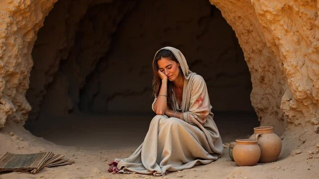 Woman with an issue of blood sits alone in the desert crying