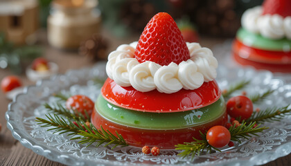 Festive layered jelly dessert resembling Santa hat with strawberry and cream on glass plate