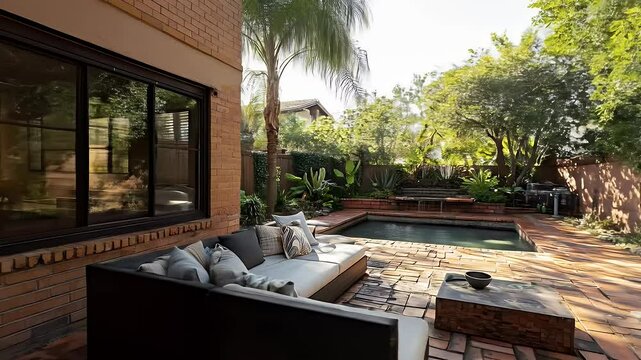 Sunny Backyard Patio with Swimming Pool Brick Paving Light Gray Lounge Seating Area and Green Trees in Daytime