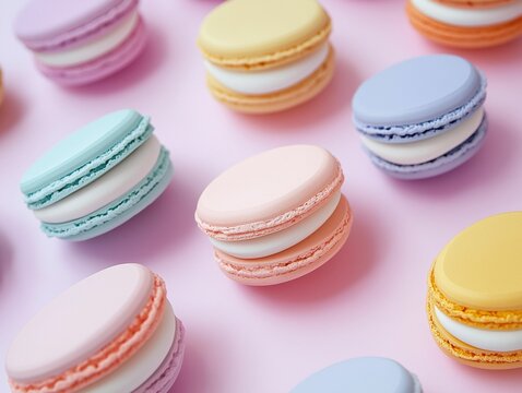 A vibrant array of colorful pastel macarons is neatly arranged on a soft pink background - Powered by Adobe