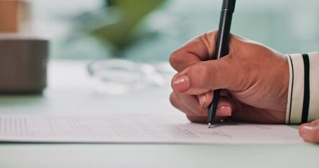 Hands, paperwork and woman with signature on contract for insurance policy, title deed and compliance agreement. Sign up, person and writing on legal document for loan application or settlement deal