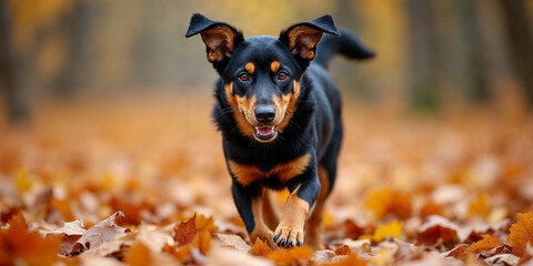 rottweiler dog puppy running on autumn leaves wide