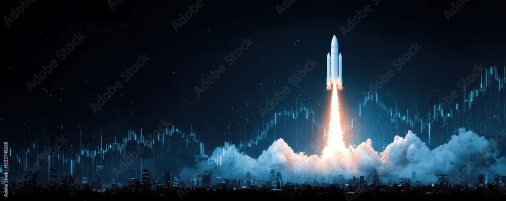 Poster rocket launching into space with abstract data visualization background