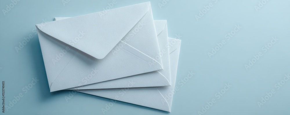 Poster stack of white envelopes on soft blue background for mailing needs