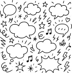 a lively and vibrant composition featuring an assortment of colorful handrawn speech bubbles in various shapes and sizes, scattered playfully on a clean transparent background