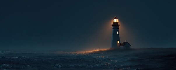 Fototapeta premium Serene Lighthouse Illuminates Dark Ocean Waves at Dusk