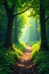 Fototapeta premium Sun-dappled path meanders through a lush, green forest, sunlight filtering through leaves creating a magical atmosphere Perfect for travel, nature, or fantasy themes , woods, undergrowth, shadow