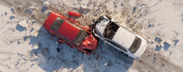 Aerial View of Red and White Cars Involved in Collision on Snow