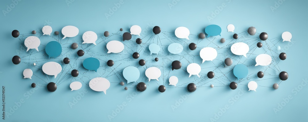 Poster colorful speech bubbles connected by strings on blue background