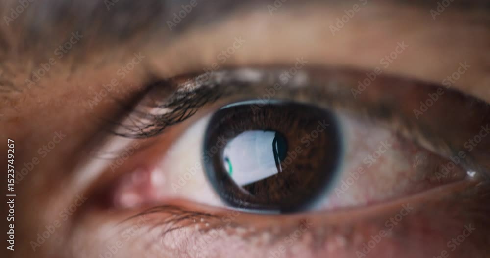 Poster reading, reflection and eyes of person on computer for research, online proposal and finance statist