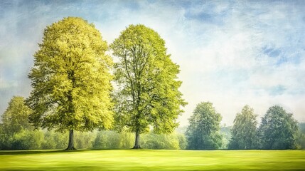 Naklejka premium Verdant trees in a serene grove are painted amid sunny meadows under cloudy skies