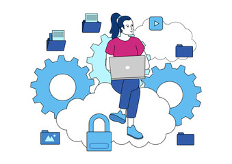 Woman working with laptop on clouds, remote work, cloud computing, online, vector illustration