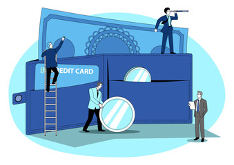 Business concept illustration of businessmen arranging money in giant wallet, treasury, cash and credit, money management concept