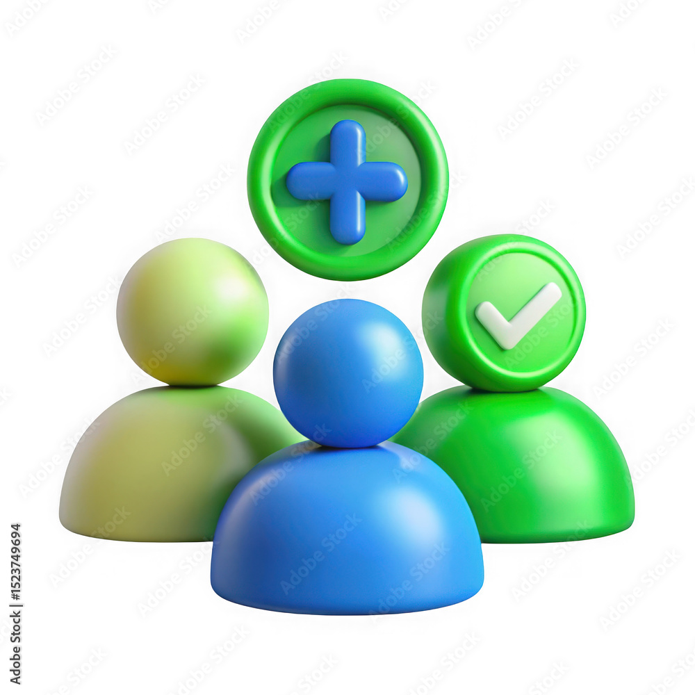Poster 3d user group with plus and check icons isolated on transparent background