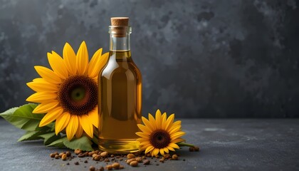 bottle of sunflower oil and sunflower dark background food