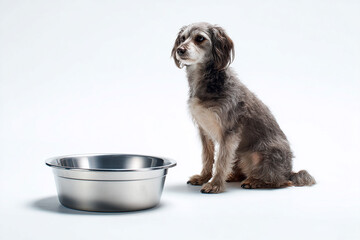Hungry Dog Sitting Beside Empty Food Bowl