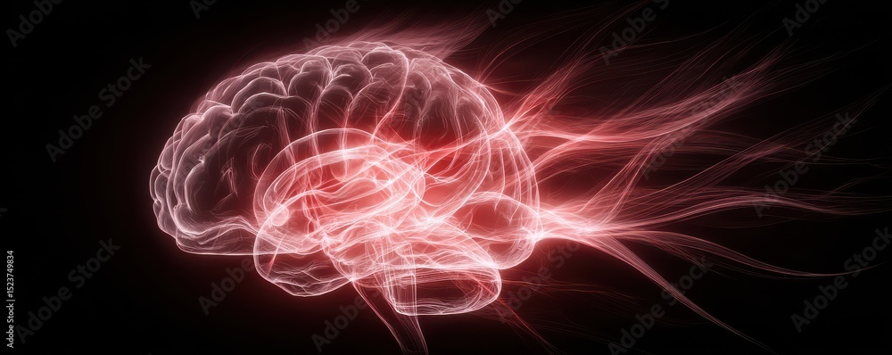 Poster abstract illustration of a glowing brain with dynamic energy streams