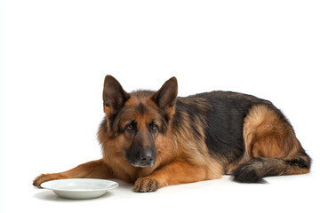 Hungry Dog Sitting Beside Empty Food Bowl