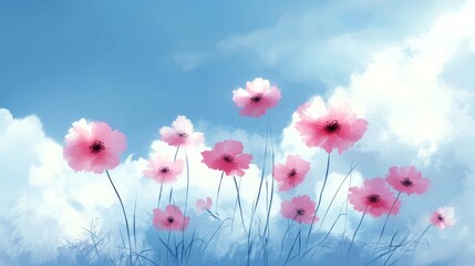 Obraz premium Gentle clouds and a serene sky encircle two watercolor poppies as they reach for the sky