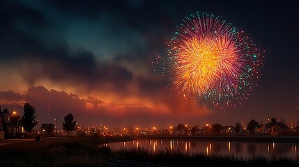 Fireworks over Suburban Pond at Dusk.