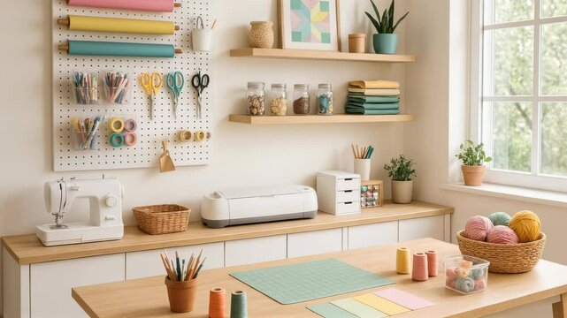 Craft room video showcasing an organized workspace with a wide-angle view. Features shelves, supplies, and natural light for a cozy, creative vibe.