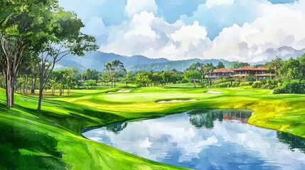 Naklejka premium A tranquil lake set amidst a serene watercolor landscape reflects the beauty of the sky and mountains