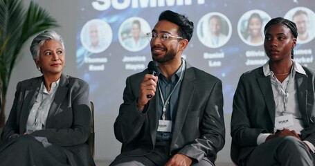 Panel, speaker or man in conference speech for climate change, awareness or renewable energy. Mic, forum and people on stage in discussion for sustainability, presentation or eco friendly convention