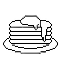 Stack of pancakes drizzled with maple syrup on a plate in pixel outline design