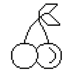 Fototapeta premium Two cherries with a leaf in pixel outline art on a transparent background