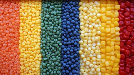 Colorful rows of fresh fruits and vegetables arranged in vertical stripes, creating a vibrant and visually appealing pattern