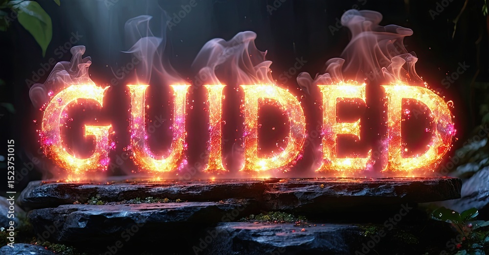 Aufkleber fiery text spelling guided rests upon stone. smoke rises, creating dramatic visual effect. dark back
