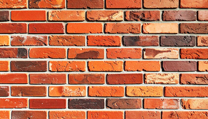 Obraz premium Close up of a vintage red brick wall with rough textures and dark burn marks, Ideal as a seamless background for industrial, rustic, loft style designs in architecture, interior visuals