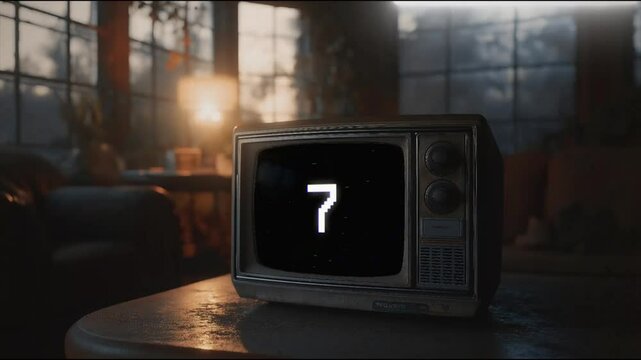 Green screen old vintage tv in an old dust-covered living room with countdown numbers from 10 to 0, Old retro Vintage TV movie timer, animation looping video background