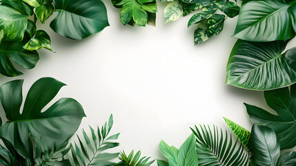Fototapeta premium Minimalist botanical concept vibrant green leaves on pure white background - top view nature imagery