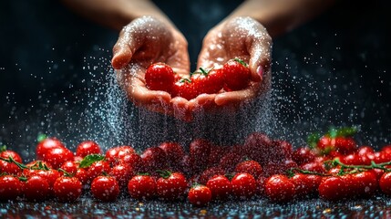 Hands holding ripe strawberries under a shower of fresh water, surrounded by scattered strawberries on a dark surface