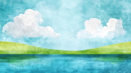 Obraz premium A tranquil lake reflects the sunlit sky, where white clouds float gently above a backdrop of distant landscapes